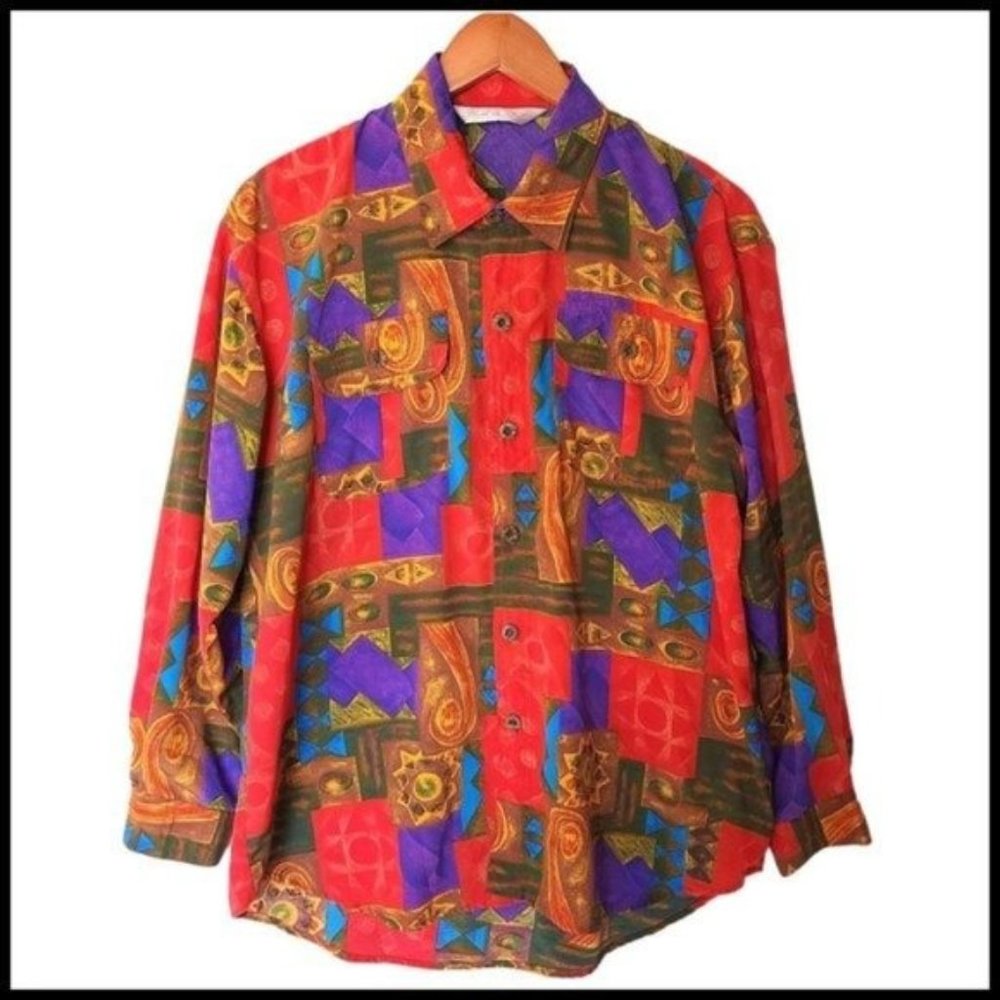 Vintage Blush On Pattern Multicolor Printed Abstract Blouse XL Sun Swirl